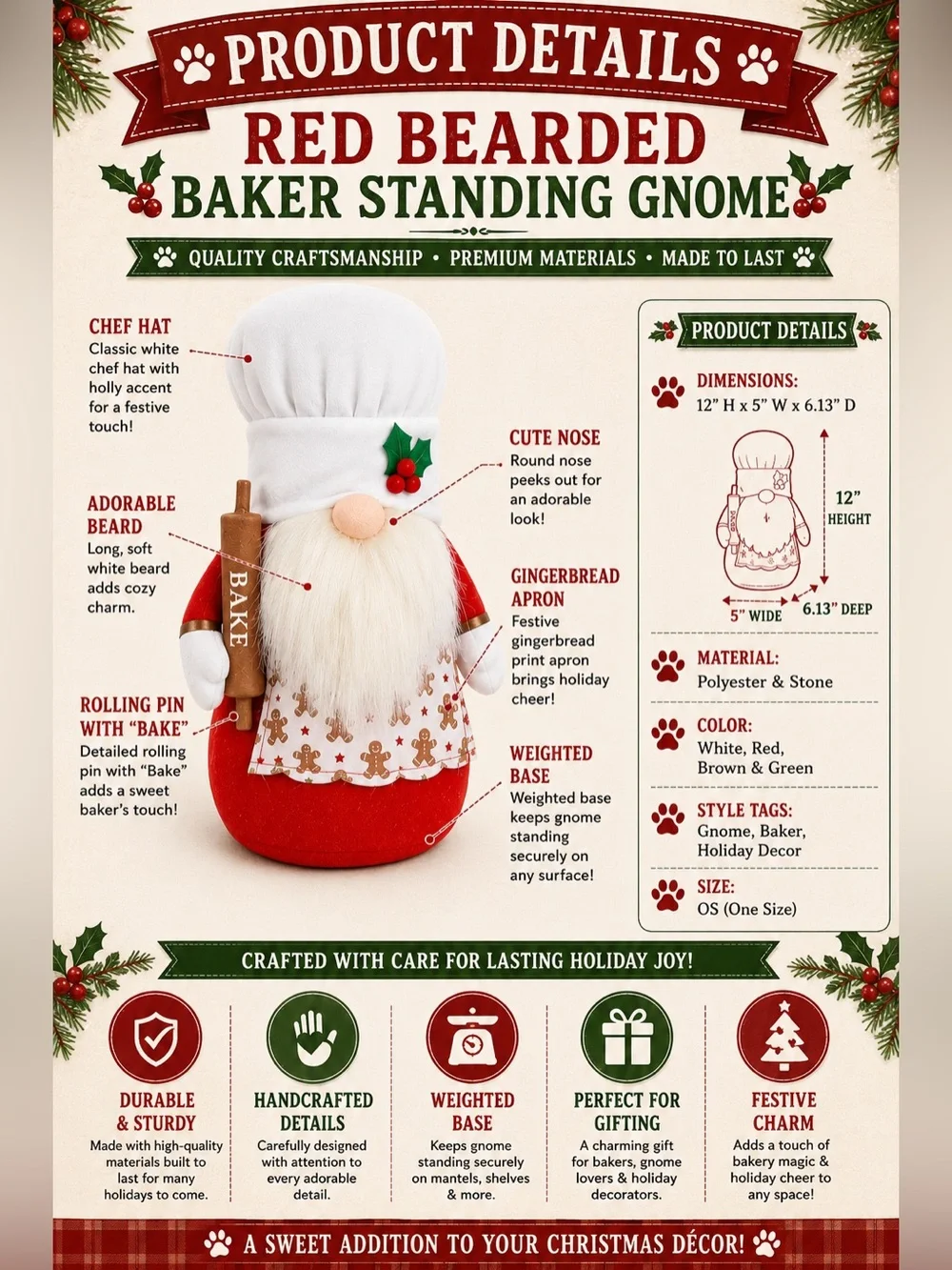 Red Bearded Baker Standing Gnome